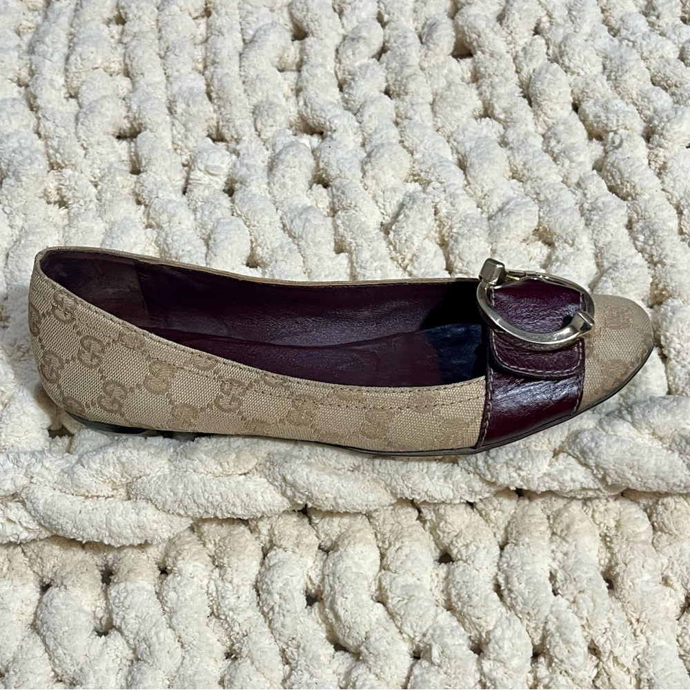 Gucci Brown Leather and GG Monogram Logo Canvas Buckle Detail Ballet Flats - Picture 4 of 8